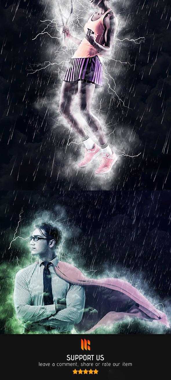 雷电暴雨特效PS动作 Thunderstorm Photoshop Action(附视频教程)