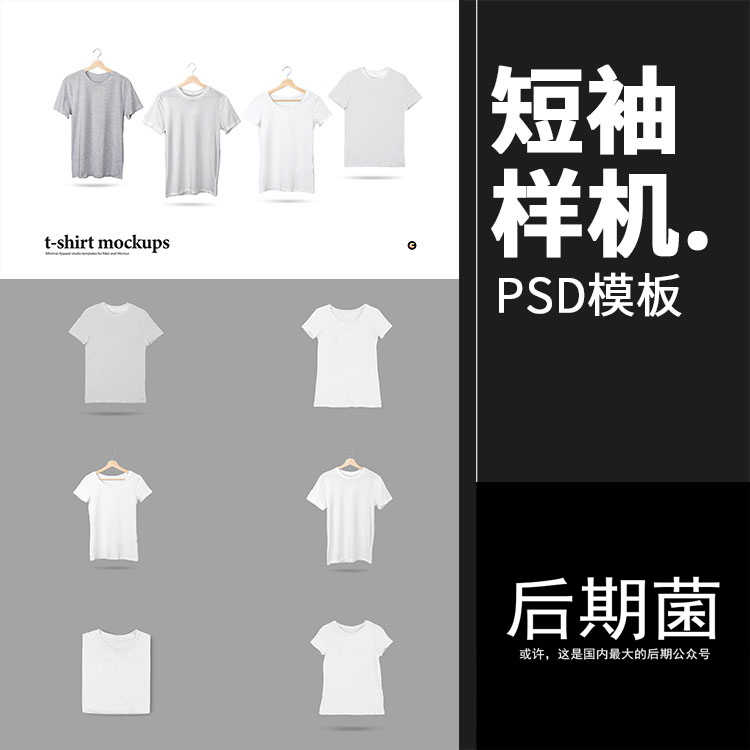 T恤短袖简约灰白宽松服装设计VI贴图样机展示PSD模板设计PS素材