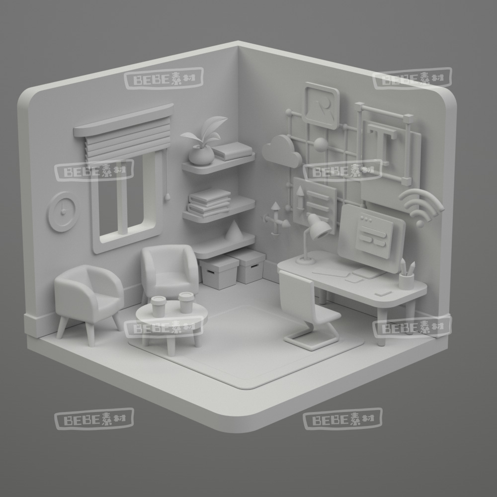 C4D模型-卡通微观房间办公小场景书桌立体图标