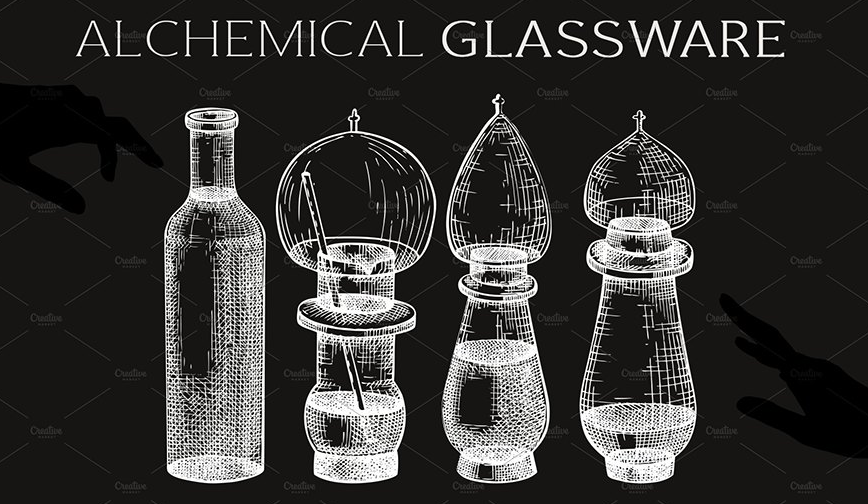 【矢量素材】300多个奇异世界炼金术魔法元素玻璃器皿异形图案符号PNG矢量素材